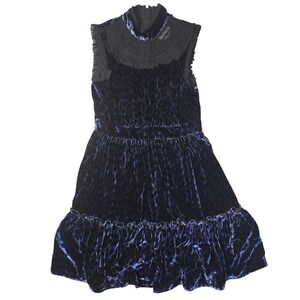 Kate Spade New York Velvet Leopard Mock Neck Dress Size 8 Blue Black Ruffle Tier